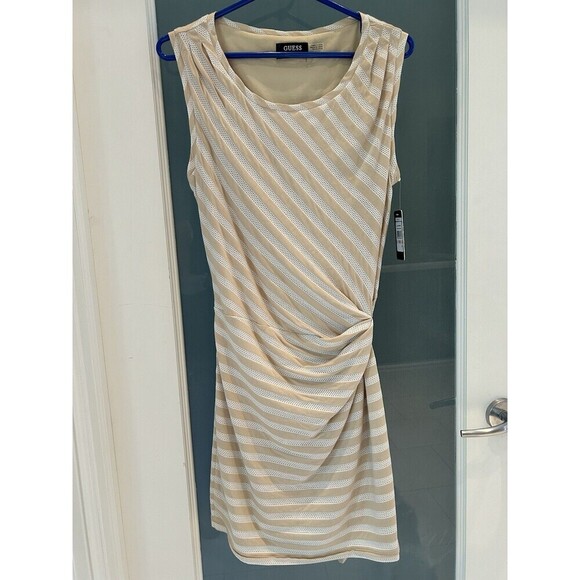 GUESS Hailey Side Ruched Striped Dress Cream/White Size 10 NWT - Picture 2 of 13